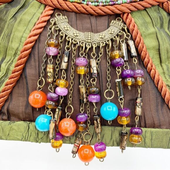 Vintage‎ Prezzo Boho Multicolor Beaded Fabric Handbag-Beaded Handle - Picture 2 of 11